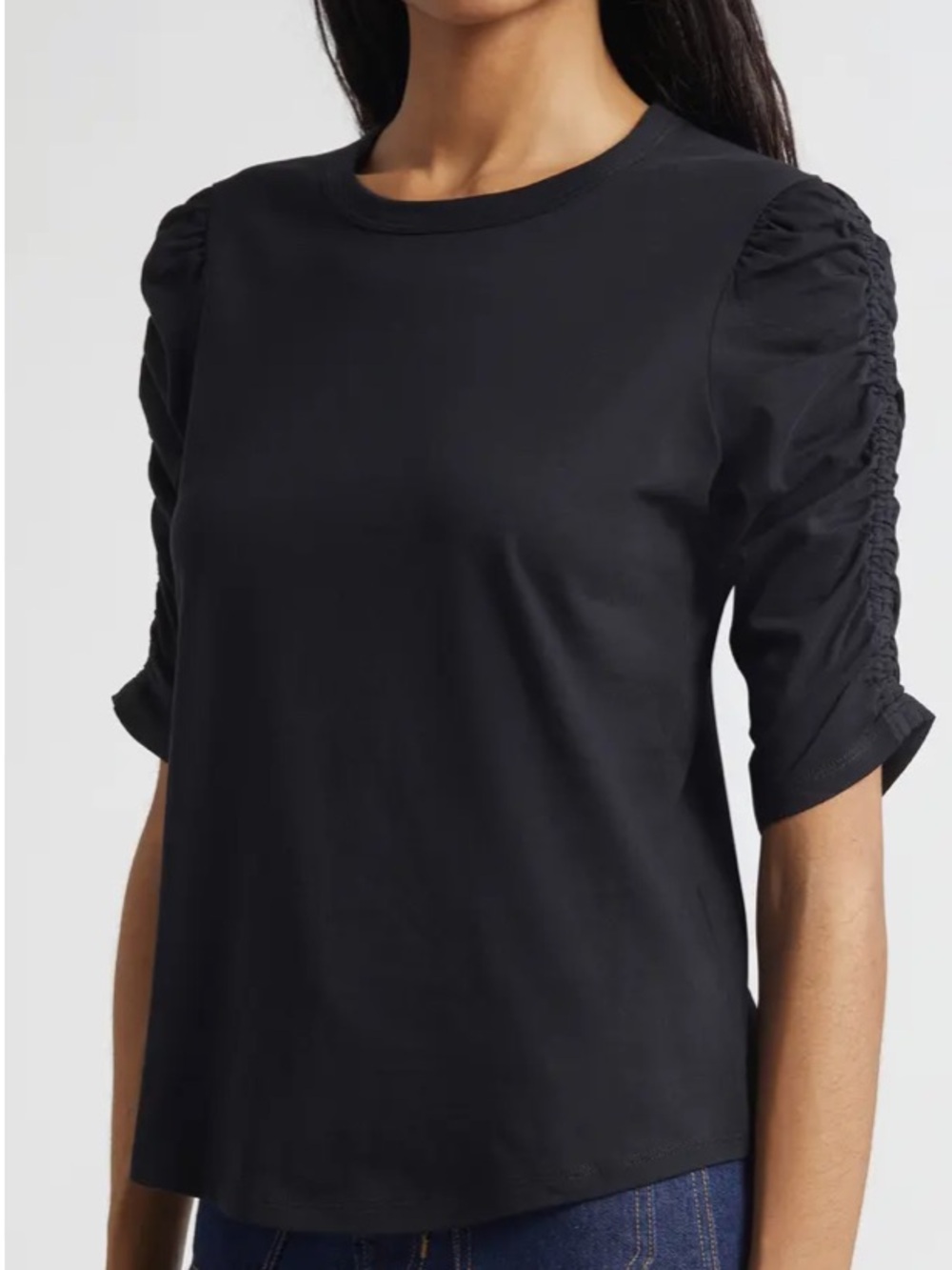 Veronica Beard Black Waldorf Ruched Sleeve T-Shirt Medium